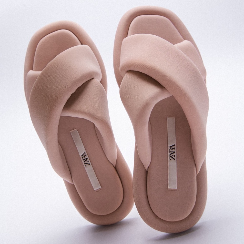 Zara FLAT QUILTED Crossover Straps SANDALS SLIDES Pink NEW